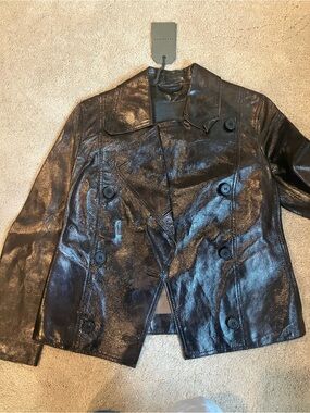 All Saints Black Shiny Double-Breasted Leather Jacket Cropped Runs Small
